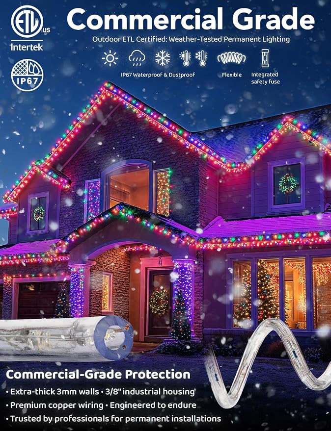 216LEDs, 20ft LED Outside Rope Lights, Waterproof Permanent Outdoor ETL Certified Connectable Clear Tube, Christmas Palm Tree Holiday Decorative Landscape Patio Accent Lighting - Colorful