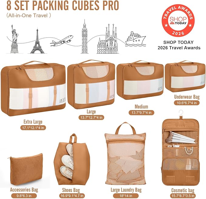 Veken 8 Set Packing Cubes for Travel Essentials, Suitcase Organizer Bags in 4 Sizes, Carry-On Luggage Accessories with Large Laundry & Hanging Toiletry Bag, Must-Have for Airplane, Road Trip & Camping