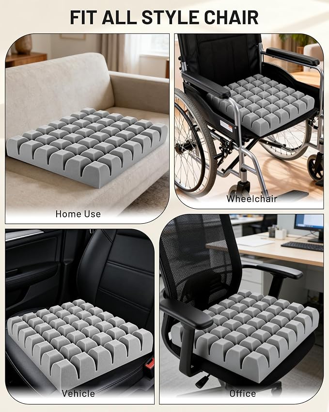 Wheelchair Cushions for Pressure Relief, Waffle Seat Cushion Foam Pad - Relieves Back, Sciatica, Tailbone & Hip Pressure for Long Sitting – Ideal for Office Chair, Recliner, Car Seat, 18'x16'x3', Gray