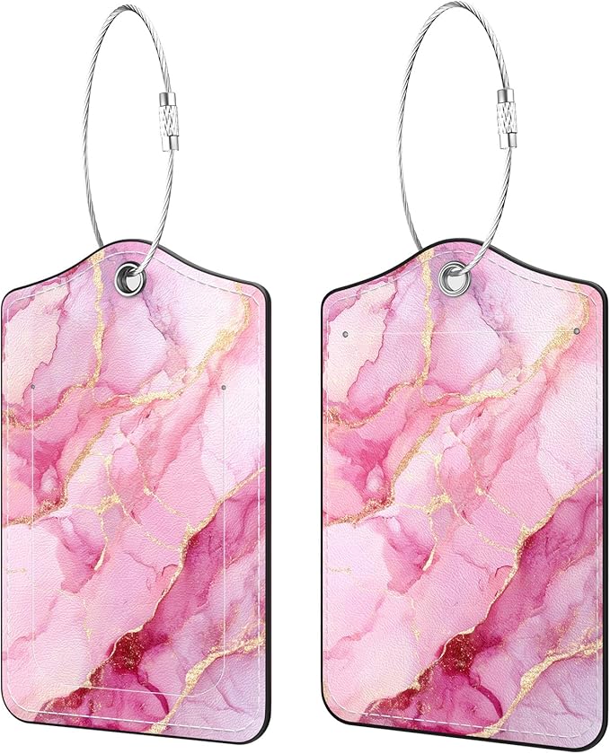 2 Pack PU Leather Luggage Tags for Suitcases, Privacy Protection Cover with Stainless Steel Loop and Address Card, Travel Cruise Essentials (Pink Gold Marble)