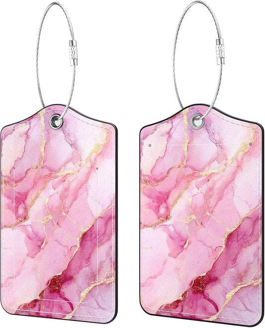 2 Pack PU Leather Luggage Tags for Suitcases, Privacy Protection Cover with Stainless Steel Loop and Address Card, Travel Cruise Essentials (Pink Gold Marble)