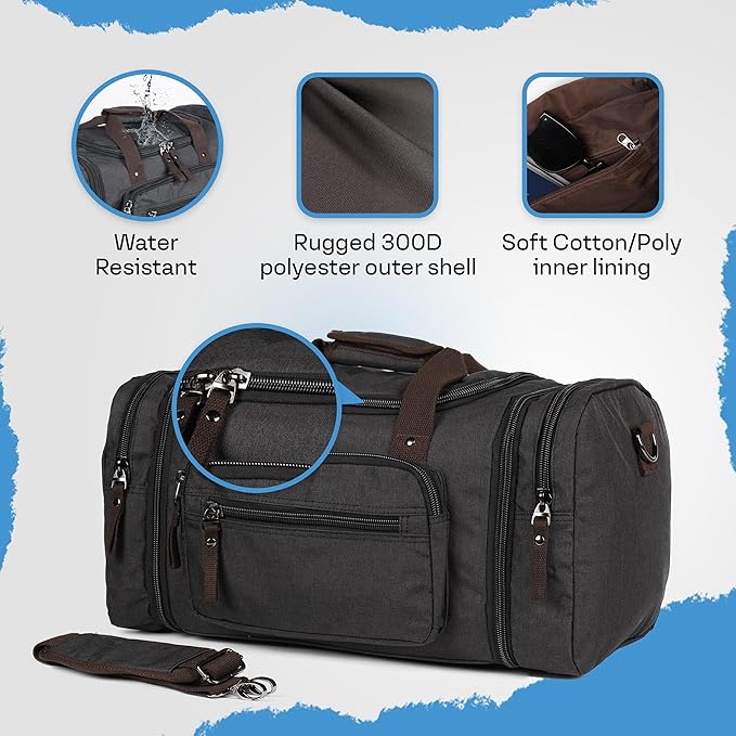 Duffle Bag for Travel 20–23” Expandable (40L) – Lightweight Water-Resistant Carry On Weekender with Multiple Pockets & Shoulder Strap – Airline Approved Travel Duffel Bags for Men & Women - BLACK