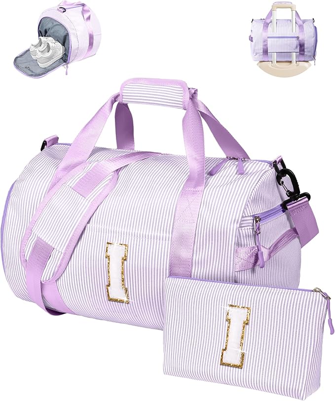Gifts for Grandkids, Girls Travel Duffle Bag, Kids Initial Overnight Duffel Bags with Shoe Compartment, Personalized Dance Bag with Cosmetic Pouch, Birthday Gift Ideas (Letter I)