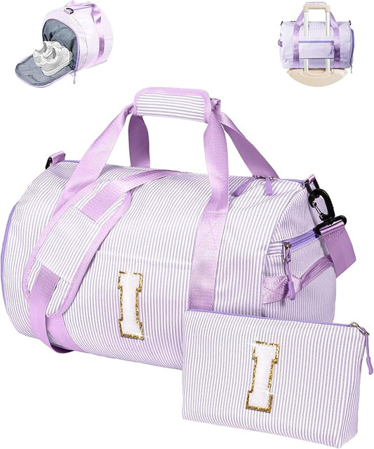 Gifts for Grandkids, Girls Travel Duffle Bag, Kids Initial Overnight Duffel Bags with Shoe Compartment, Personalized Dance Bag with Cosmetic Pouch, Birthday Gift Ideas (Letter I)