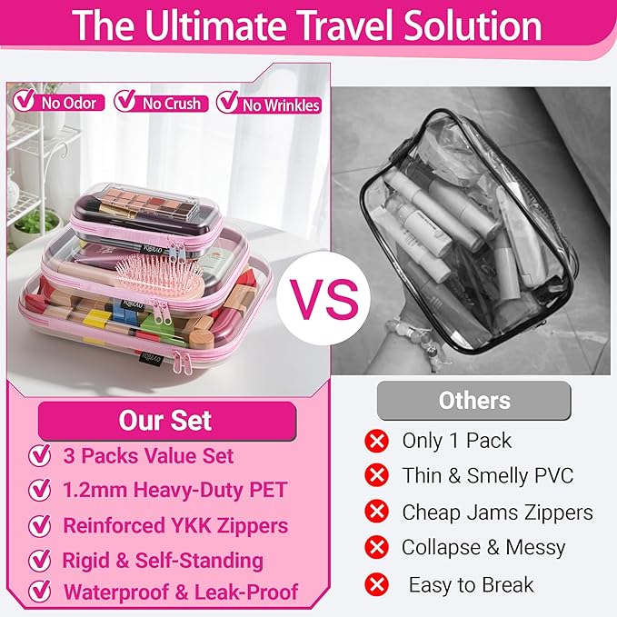 YQBRAO 3 Pack Hard Sided Clear Zipper Case for Storage- Thickened-Grade Clear Hard Shell Zipper Case for Organizing Bead, Handicrafts, Sewing, Playdoh (Pink, LMS)