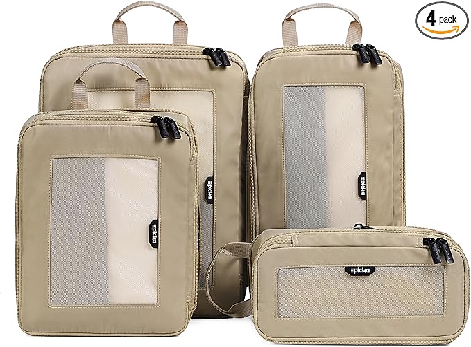 EPICKA TripCozy Compression Packing Cubes - 4 Set Durable Travel Organizer Bags with Mesh Top, Expandable Travel Accessories for Carry on, Luggage, Suitcase, Backpack (Khaki)