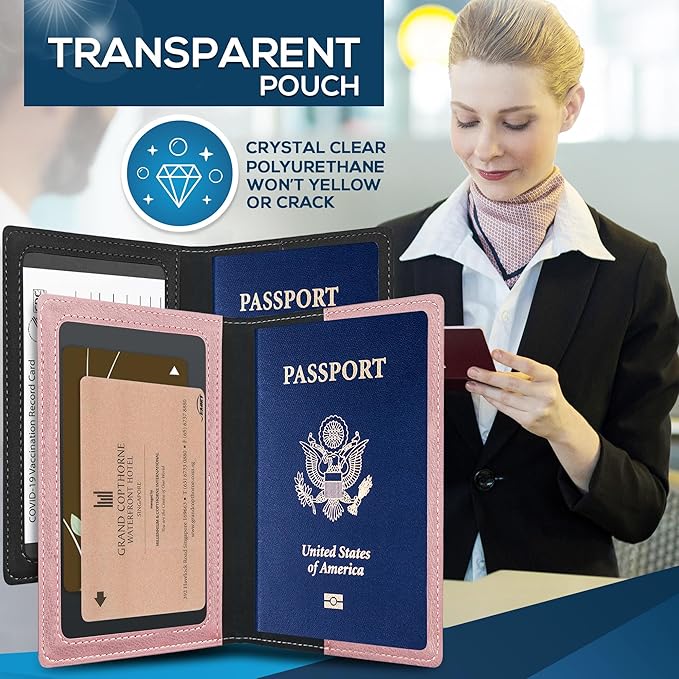 Ciana Passport Holder for Travel – PU Leather Passport Cover and Card Holder for Men & Women – Slim Passport Holder with Card Protector Slot, Travel Must Haves (Black & Pink)