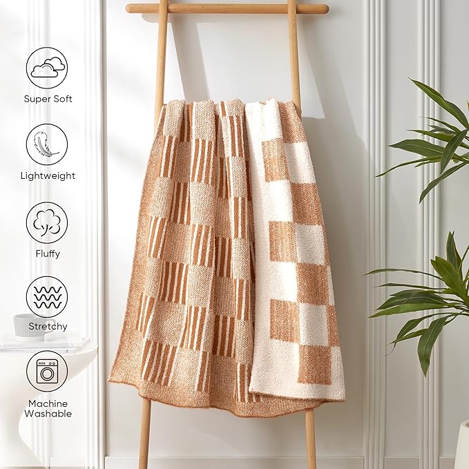 Snuggle Sac Checkered Orange Throw Blanket for Fall,Super Soft Reversible Cozy Warm Blanket for Couch Sofa Bedroom,Cute Lightweight Striped Throws for Women,Heather Orange,60x80 inches