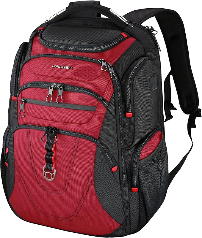 KROSER Friendly Travel Laptop Backpack 17.3 inch XXXL Gaming Backpack Water-Repellent College Daypack Business Backpack with RFID Pockets & USB Port for Men/Women-Black/Red