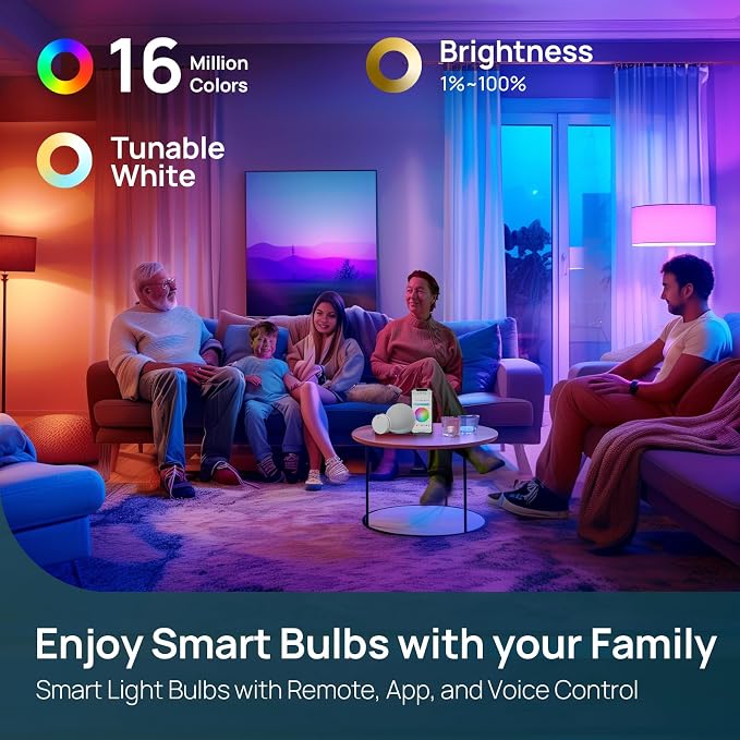 Linkind Smart Light Bulbs, Work with Alexa, Google Home, AiDot | Remote Control, 16 Million Color Changing, 1800K-6500K White, 2.4G WiFi+Bluetooth, Preset Scene, A19 E26, 60W 800LM, 6Pack