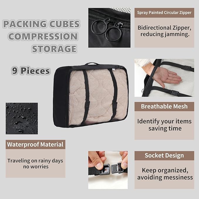 9 Set Packing Cubes for Travel Essentials, Suitcase Organizer Bags for Airplane Road Trip Camp - Black