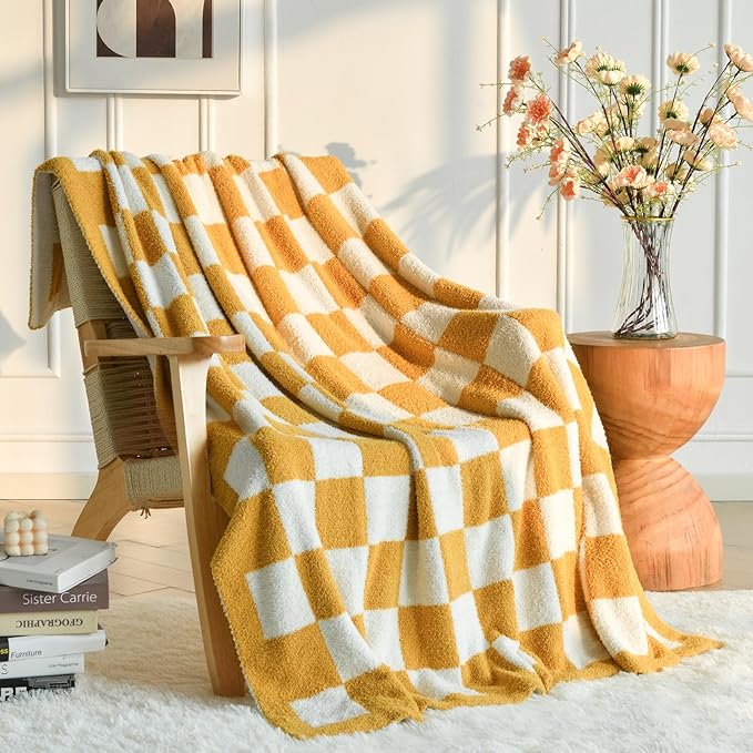 Checkered Blanket, Cozy Soft Throw Blankets for Couch Bed, Fluffy Plaid Lightweight Comfy Travel Picnic Blanket Gifts for Sofa Chair Living Room Camping (Yellow, Throw 50"x60")