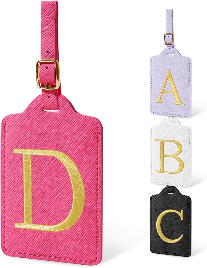 Initial Letter Luggage Tags for Suitcases, Embroidered Monogrammed Suitcase Luggage Identifier Name Tag, PU Leather TSA Approved Luggage Tags, Bag Tags for Men Women Kids Luggage Handbags(Rosered D)