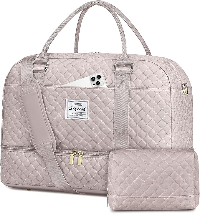 Weekender Bags for Women Travel Bag - Duffle Bag with Shoe Compartment Carry on Overnight Bag for Women Hospital Bags for Labor and Delivery 2Pcs Set Nude Pink