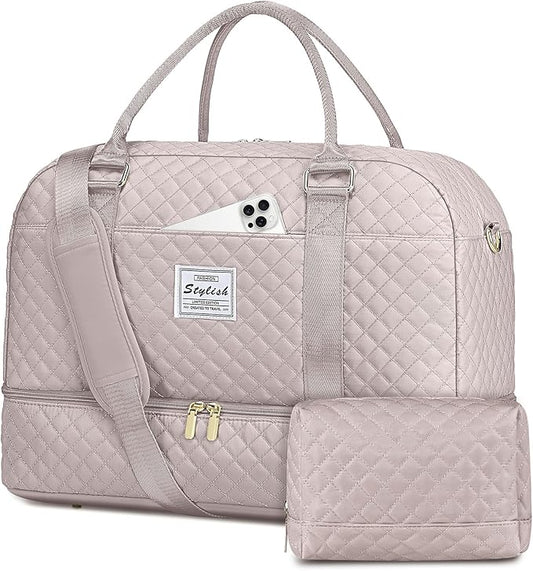 Weekender Bags for Women Travel Bag - Duffle Bag with Shoe Compartment Carry on Overnight Bag for Women Hospital Bags for Labor and Delivery 2Pcs Set Nude Pink