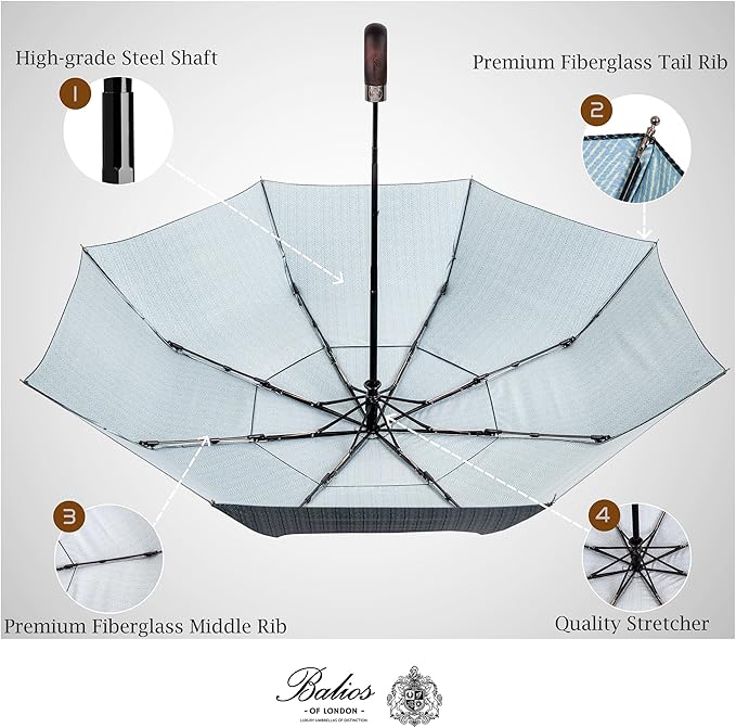 Balios Travel Folding Umbrella with Real Wood Handle Auto Open Close Vented Windproof Canopy - Designed in UK