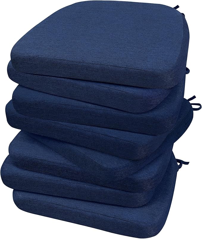 AAAAAcessories D-Shaped Chair Cushions, 2" Thick Dining Chair Pads with Ties and Removable, Machine-Washable Cover, 17" x 16", Set of 8, Blue