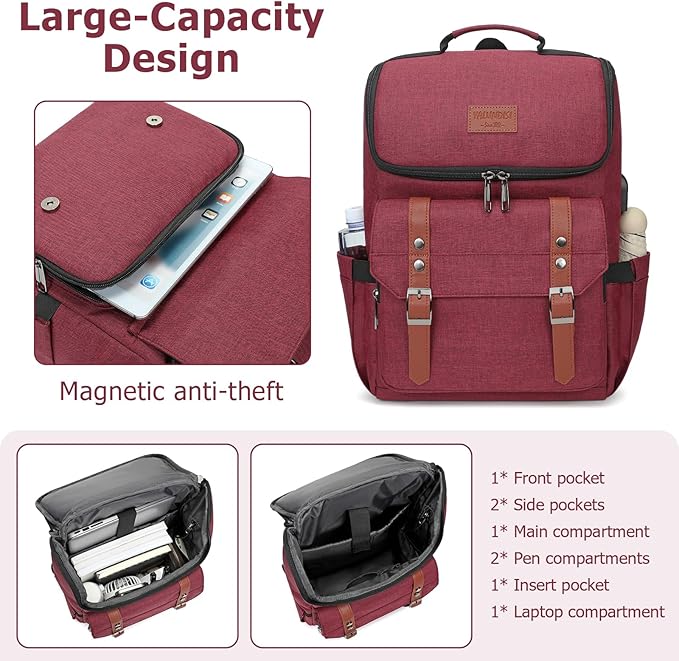 YALUNDISI Vintage Backpack Travel Laptop Backpack with usb Charging Port for Women & Men College Backpack Fits 15.6 Inch Laptop Red Brown