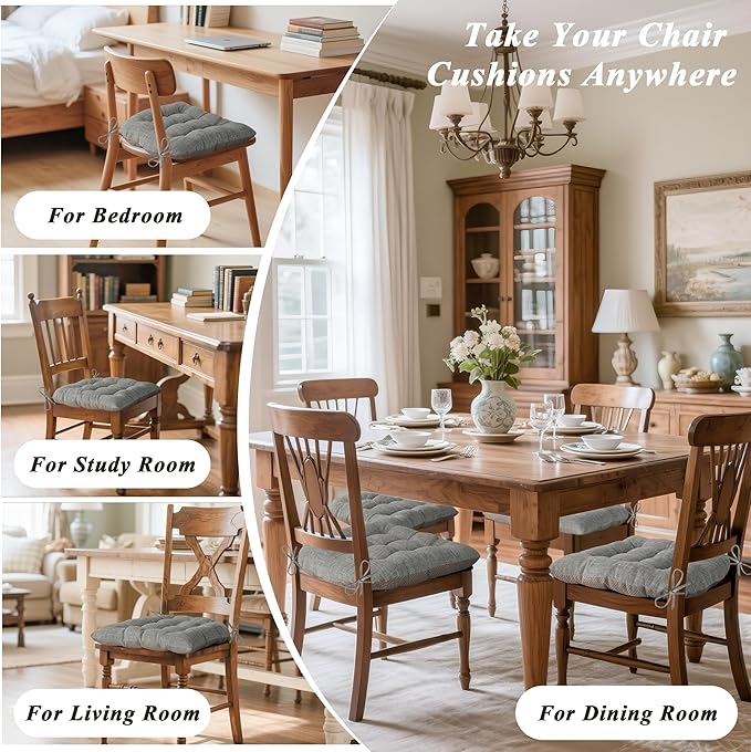 Chair Cushions for Dining Chairs Set of 2 Durable D-Shaped Seat Cushions with Non-Slip Backing Secure Ties Thick Cozy Seat Pad for Kitchen Dining Room Office(18x16.5x3in Light Grey)