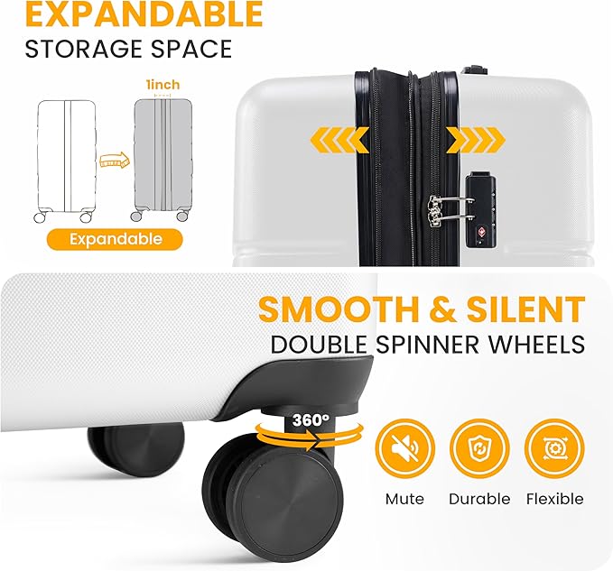 HealSmart Hardside Carry-On Luggage, Expandable Portable Hardshell Luggage with Spinner Wheels, Lightweight Suitcase TSA Lock, 28 Inch, White