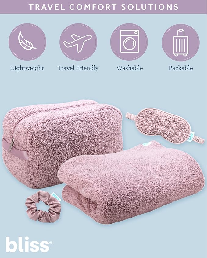 Bliss Womens Travel Blanket Set - 4 Piece Plush Microfiber Packable Travel Blanket with Relaxing Sleep Mask, Carry On Case, and Satin Hair Tie, Pink Gaze