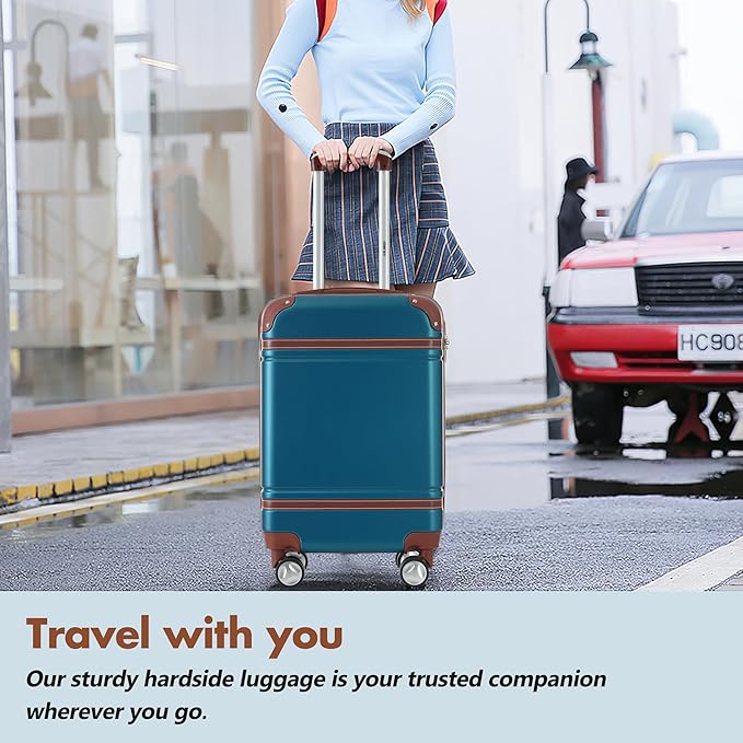 Merax 24 Inch Checked Luggage, Expandable Suitcase with Spinner Wheels, Hard Shell Vintage Luggage Set with TSA Lock(Blue)