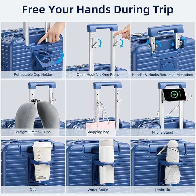 HanTrip Hard Shell Suitcases Travel Expandable Luggage, 24 Inch Check in Luggage with Spinner Wheels Cup Holder Charger Built in, Checked Medium Suitcase Lightweight Suitcases, Interstellar Blue