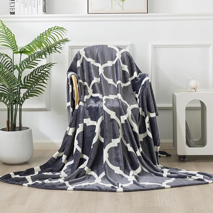 Gray Pattern Queen Size Blanket,90x90 Inches Microfiber Soft Cozy Fluffy Warm Hand Made Queen Throw Blankets for Queen Full Bed,Couch, Sofa, Chair, Camping, Picnic,Grey and White