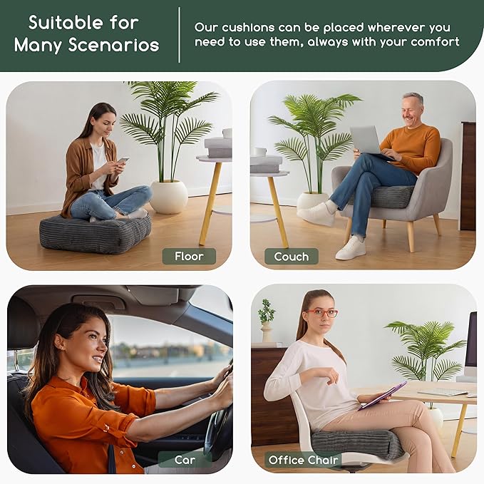 HIGOGOGO Tufted Corduroy Recliner Seat Cushion for Elderly, 20x20x6 Inch Extra Large Square Seat Cushion for Recliner Chair, Floor Pillow, Office Chair, Car, No Pressure on Thighs, Dark Grey