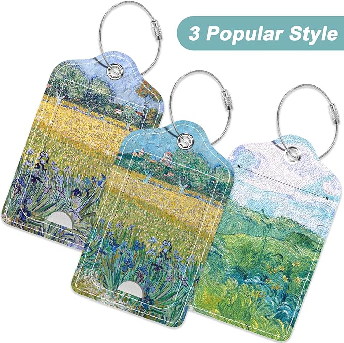 Rimilak 3 Pcs PU Leather Luggage Tags for Suitcase, Travel Cruise Luggage Tag with Privacy Flap, Name ID Label and Metal Loop for Women Men Baggage Handbag School Bag Backpack, Field Tree