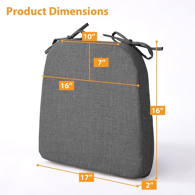 Chair Cushions for Dining Chairs, 2" Thick Seat Cushions for Kitchen Chairs, D-Shaped Chair Pads with Washable Cover, Ties and Non Slip Backing, 17'' x 16'', Set of 6, Dark Grey