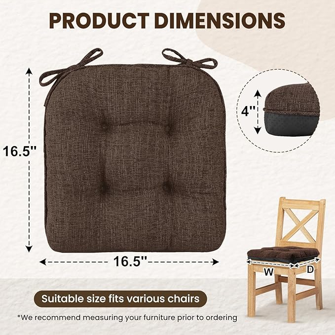 downluxe Indoor Chair Cushions for Dining Chairs, Tufted Overstuffed Textured Kitchen Chair Pads with Ties and Non-Slip Backing, 16.5" x 16.5" x 4", Brown, 4 Pack
