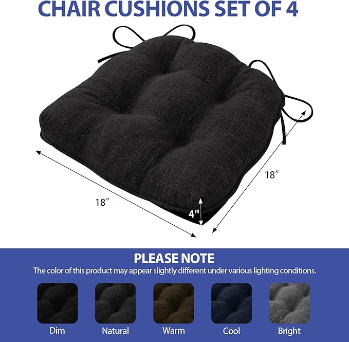 Chair Cushions for Dining Chairs Set of 4, Kitchen Chair Cushions, Chair Pads with Ties and Non Slip Backing, Tufted Memory Foam Seat Cushion 4 Pack, 18" x 18" x 4", Black