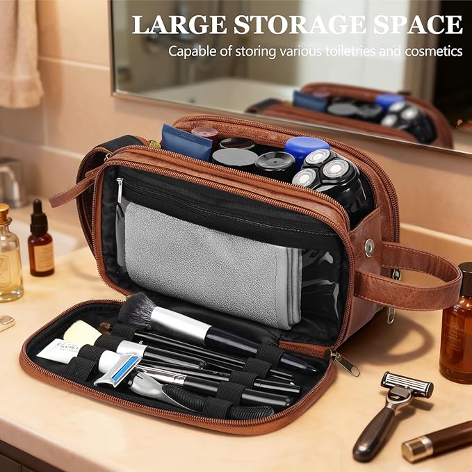 Travel Toiletry Bag for Men,Mens Shaving Bags for Toiletries,Men's Toiletry Travel Bag PU Leather,Personalized Travel Essentials,Birthday Gifts For Men,Brown- E