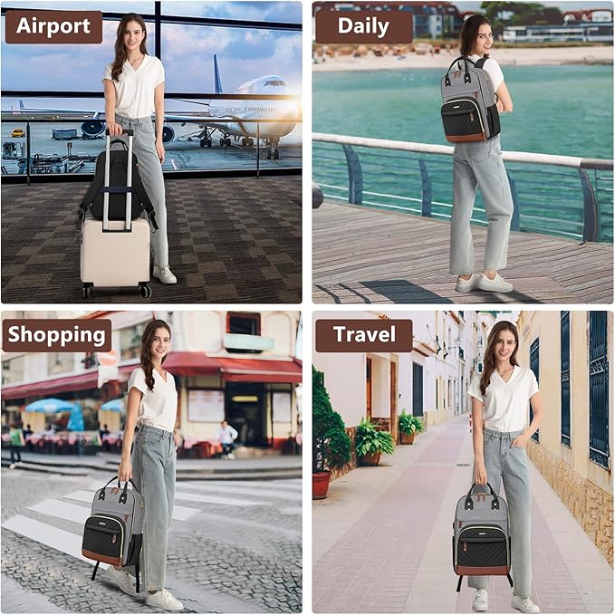 Laptop Backpack for Women Work Bag - Fits 17.3 Inch Laptop Bag Travel Work Backpack Anti-theft Bags with USB Charging Business Computer Waterproof Backpack Purse for Nurse Teacher Black Grey Brown