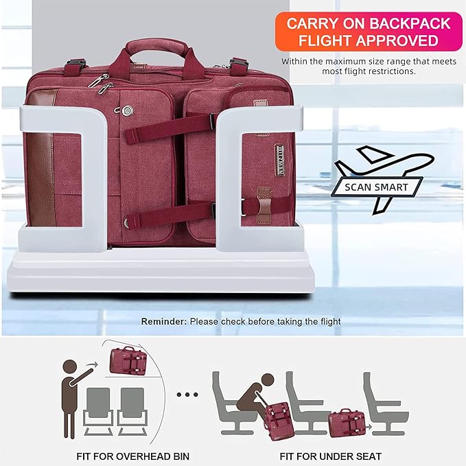 WITZMAN Canvas Travel Backpack for Women Large Laptop Backpack Fit 16 inch Carry-on Airline Approved Convertible Shoulder Rucksack(A6617-3 Red)