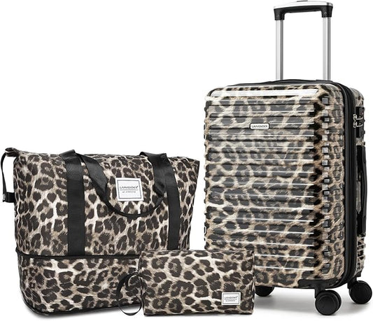 LARVENDER Carry on Luggage 22x14x9 Airline Approved, Expandable 20 Inch Hardside Suitcase with Wheels TSA Lock, PC+ABS Lightweight Carry on Suitcases for Women, Cheetah Print (20/DB/TB)