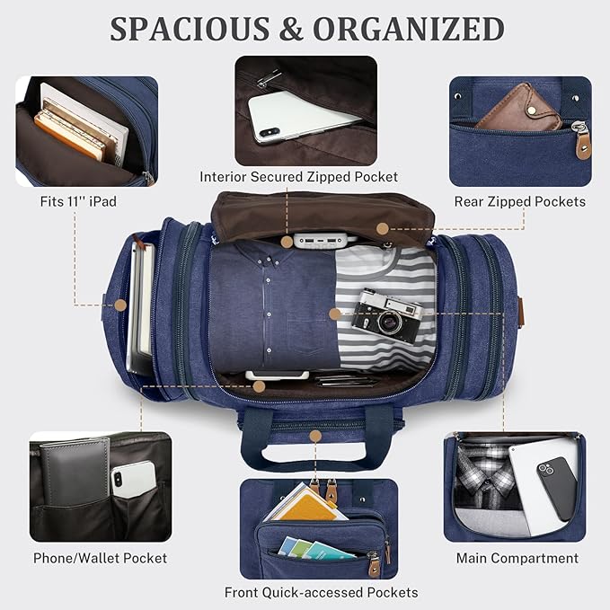 Gonex Canvas Duffle Bag for Travel 60L Expandable Duffel Weekend Overnight Bag men (Blue)