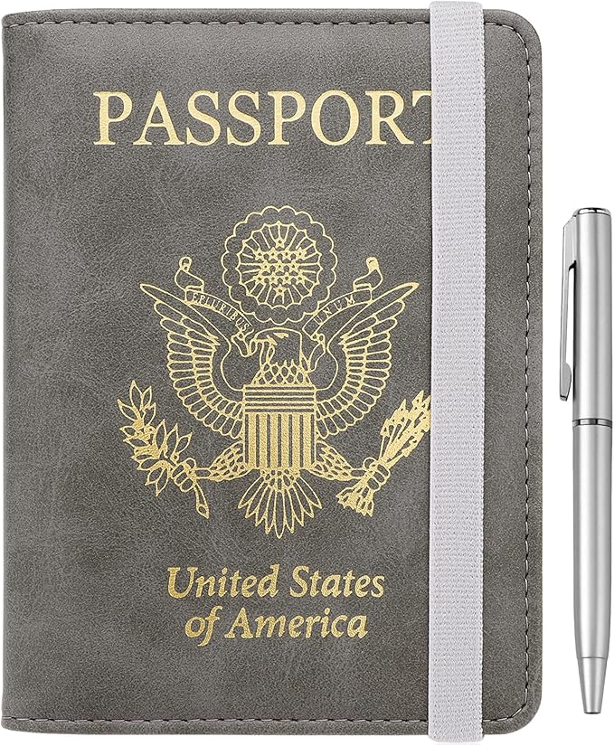 WALNEW Passport Holder for Travel, RFID Passport Cover Wallet for Women Men, PU Leather Passport Book Card Holder Case with Pen, Travelling Essentials for Flying