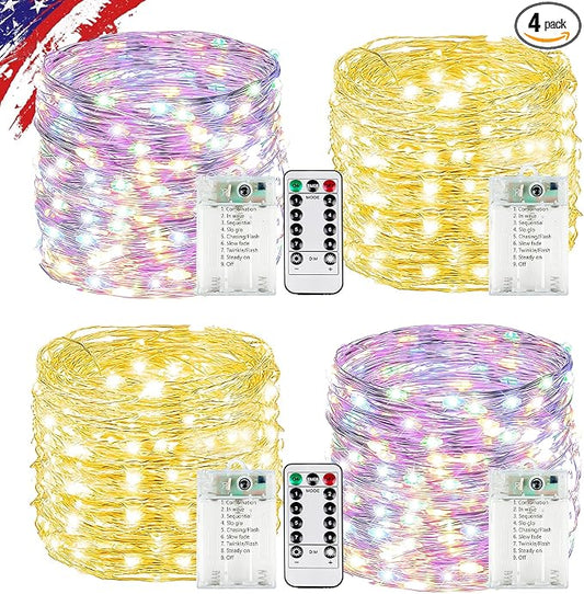 4Pack Fairy Lights Battery Twinkle Lights Remote Warm White & Multicolor | Total 80FT 240LED String Light, Timer & 8 Modes, Memory, Dimmable, Waterproof Battery Lights Indoor Outdoor Christmas Decor
