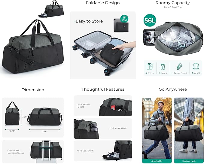 BAGSMART Foldable Travel Duffle Bag, Lightweight 56L Weekender Duffel Bag With Shoe Compartment, Water Resistant Workout Duffle Sports Bag for Travel Yoga, Black