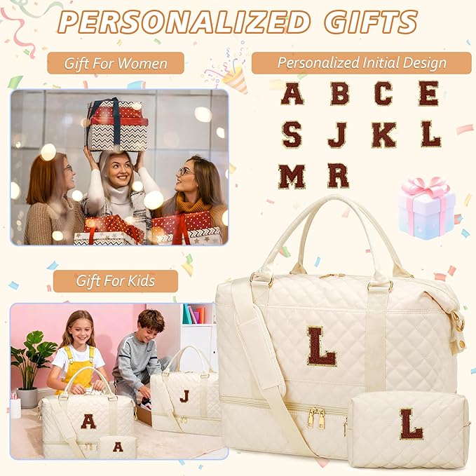 Gifts for Women Initial Travel Duffle Bag Quilted Weekender Bags Carry-On Overnight with Cosmetic Bag, Gym Bag with Shoe Compartment Hospital Bag for Women Labor Delivery, Beige-L