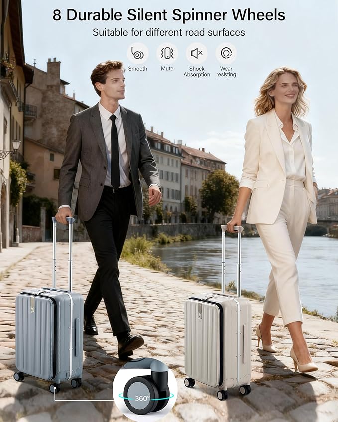 Hanke 24 Inch Checked Luggage Front Opening Rolling Suitcase Hard Sided Luggage with Spinner Wheels for Travel Woman Men.(Grey)
