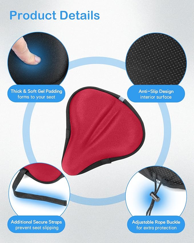 Bike Seat Cushion, Gel Bike Seat Cover, Bicycle Seat Cushion Covers for Women Men Comfort Compatible, Suitable for Outdoor and Indoor (11x10 inch)-Red