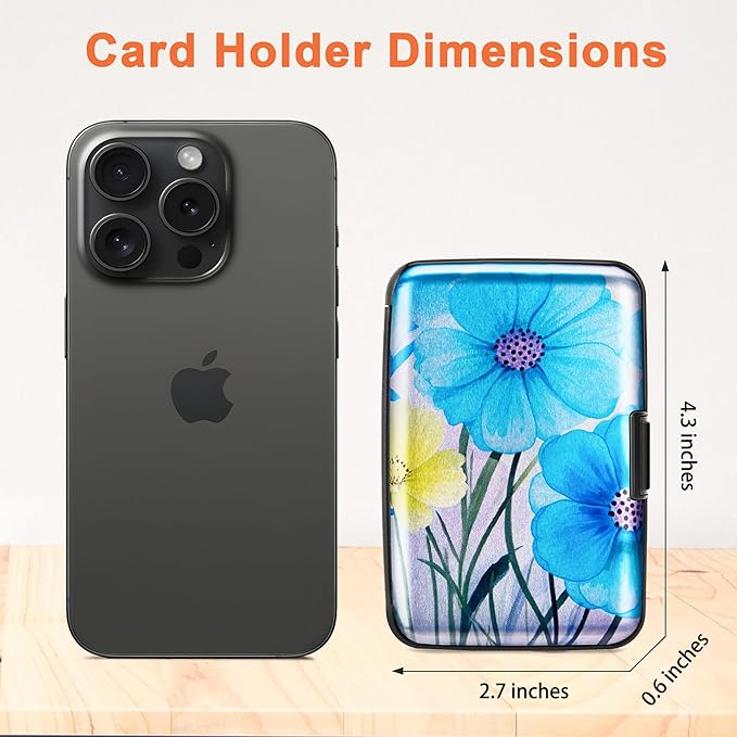 Mayski Credit Card Holder, RFID Blocking, Aluminum Alloy Hard Case, Small Mini Business Metal Wallet for Women Men, Blue Flower