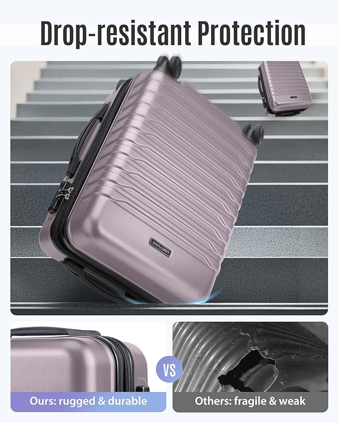 LIGHT FLIGHT Expandable Carry On Luggage 22x14x9 Airline Approved with Double Spinner Wheels, 20 Inch Lightweight Hard Shell Rolling Suitcases with TSA Lock, Rose Purple