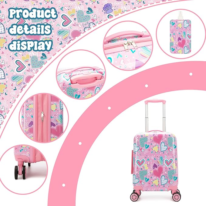 Kid's Luggage Set 16inch 2 Piece Suitcase Set Hardside Luggage with Spinner Wheels Girls Carry on Toddler Travel Rolling Suitcase with Neck Pillow Airline Approved