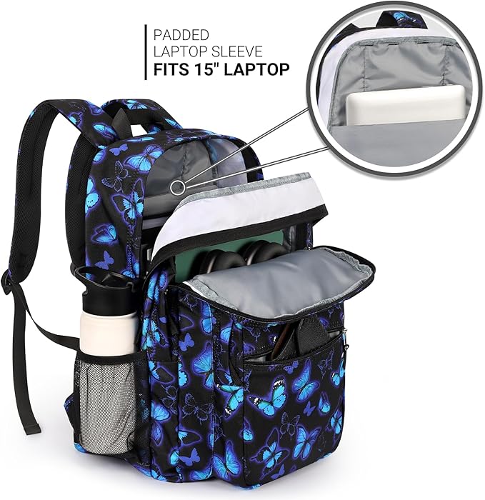 ZORFIN 26L Backpack for College, and Travel: Water Resistant Bookbag - Butterfly Black