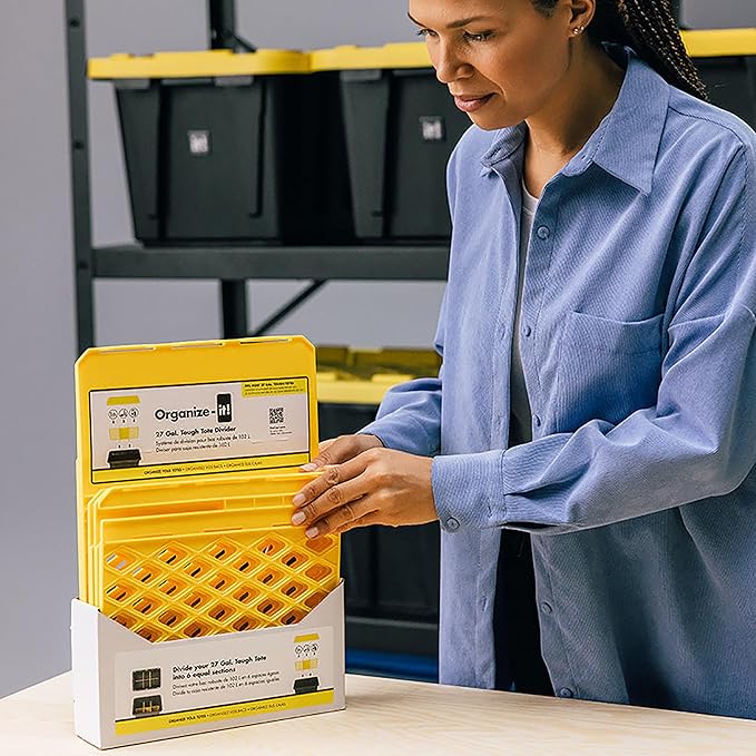 ORGANIZE-IT! 4 Pack 6 Slot Tote Dividers, Durable Plastic Stationery Customizable Organizers for 27 Gallon Storage Containers, Yellow