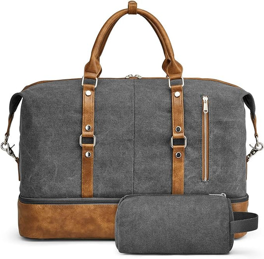 S-ZONE Weekender Bag for Men Canvas Duffle Large Weekend Overnight Travel Carry On Tote Bag with Shoe Compartment (Grey)